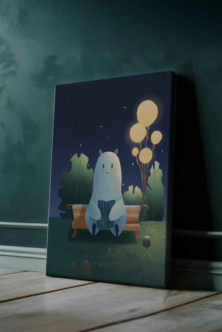 Cozy nighttime illustration with a creature reading under starry sky