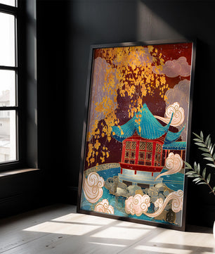 Traditional Chinese Pavilion with Gold Leaves and Clouds
