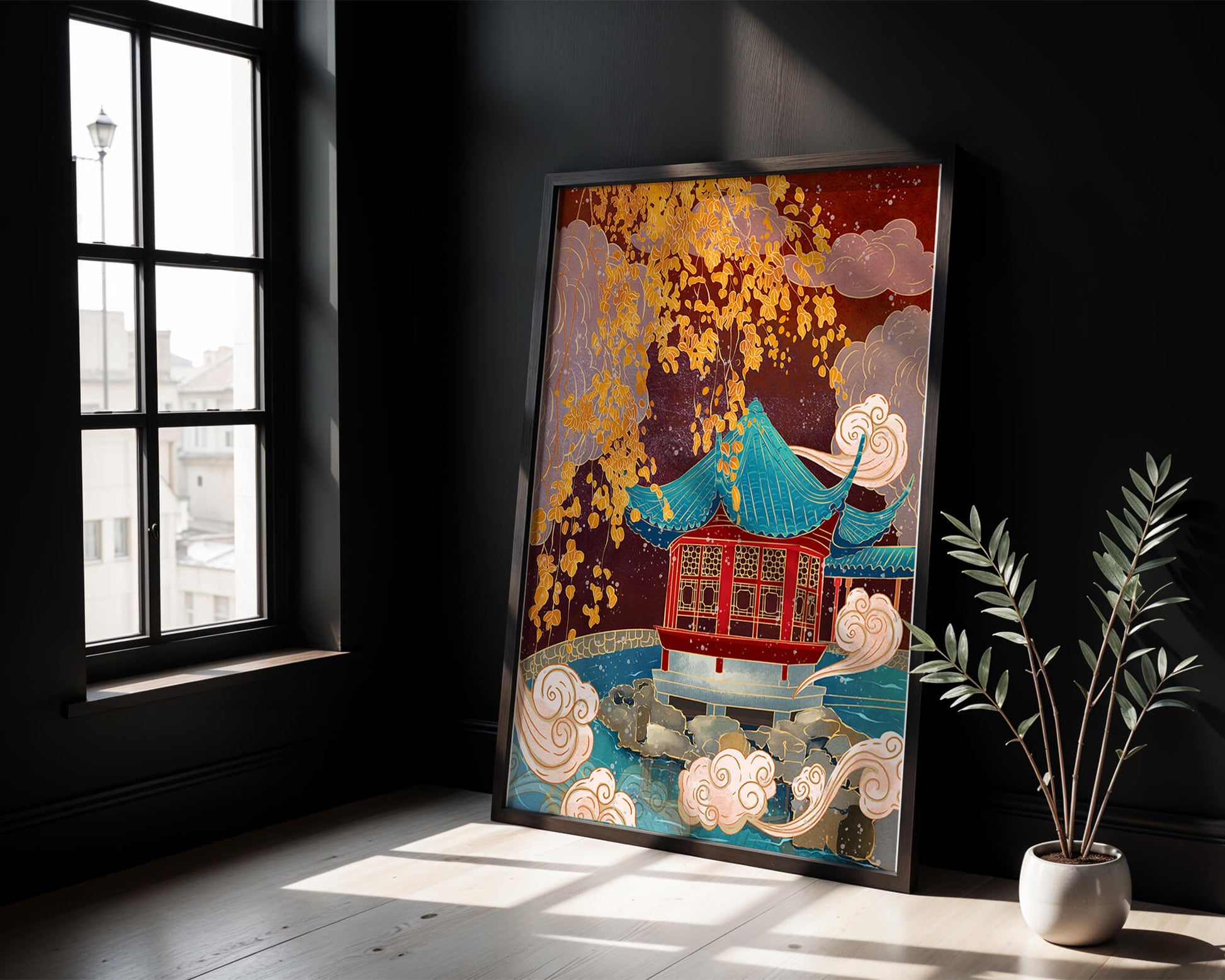 Pabellón chino tradicional con hojas doradas y nubes