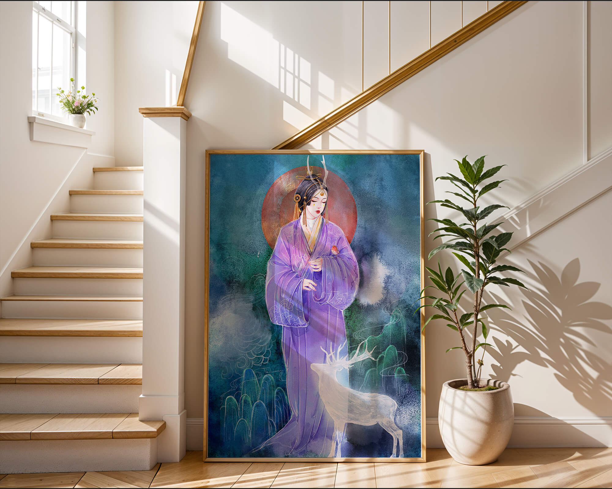 Elegant woman in traditional attire with a mystical deer set against a serene backdrop