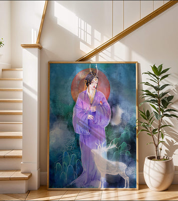 Elegant woman in traditional attire with a mystical deer set against a serene backdrop