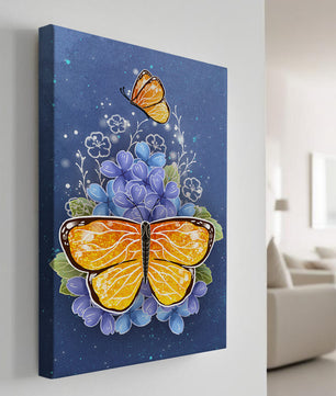 Colorida ilustración de mariposa y flores azules
