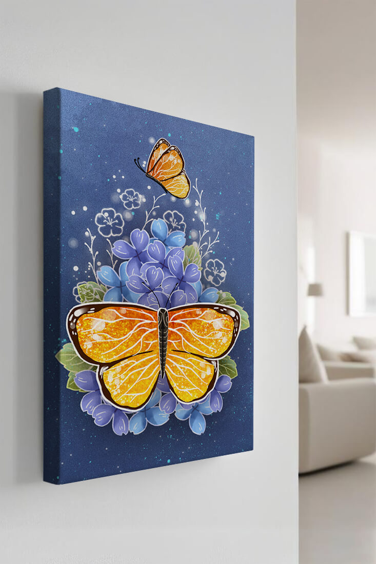 Colorida ilustración de mariposa y flores azules