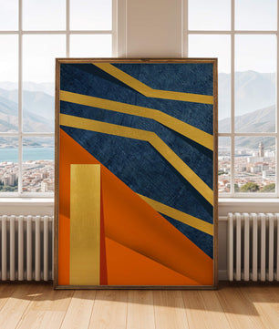 Composición geométrica abstracta con elementos dorados, azules y naranjas