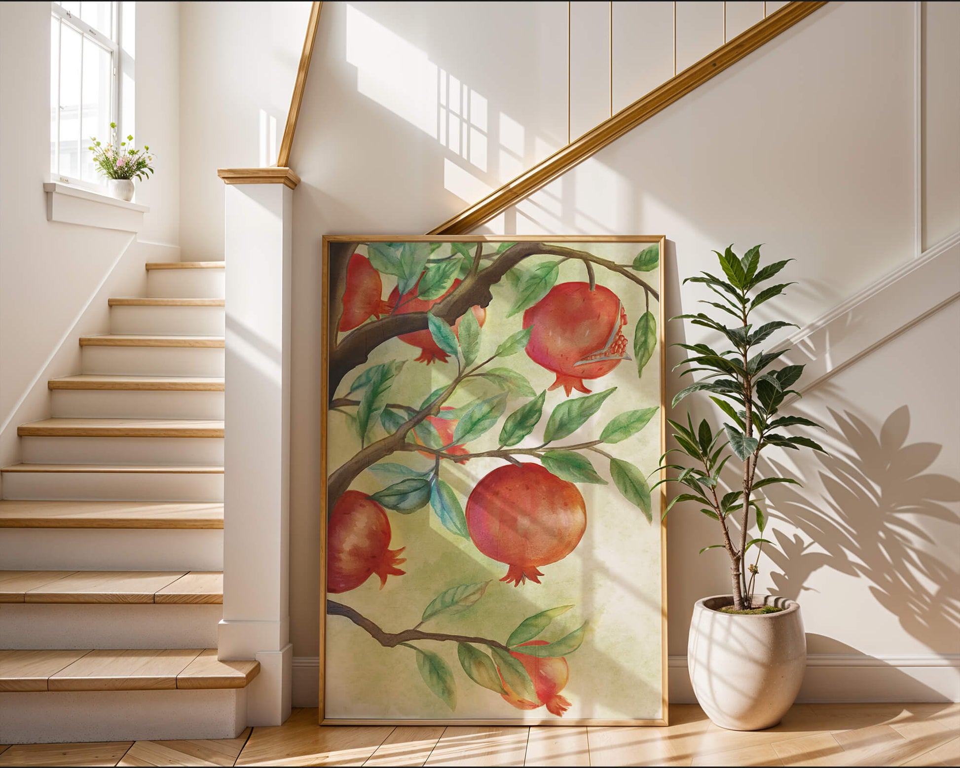 Watercolor Pomegranate Tree Branch with Fruits and Leaves