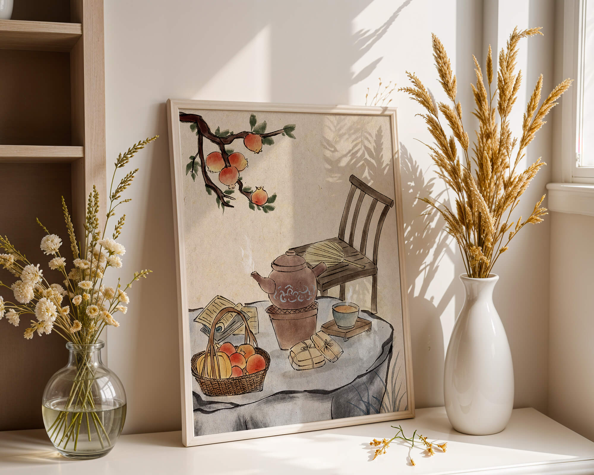 Watercolor painting of tea time setting with fruits and wooden chair