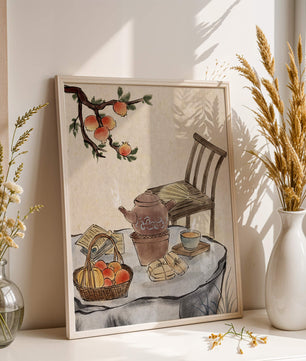 Peinture à l’aquarelle d’un moment de dégustation de thé avec des fruits et une chaise en bois