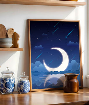 Serene night sky with crescent moon reflecting on water