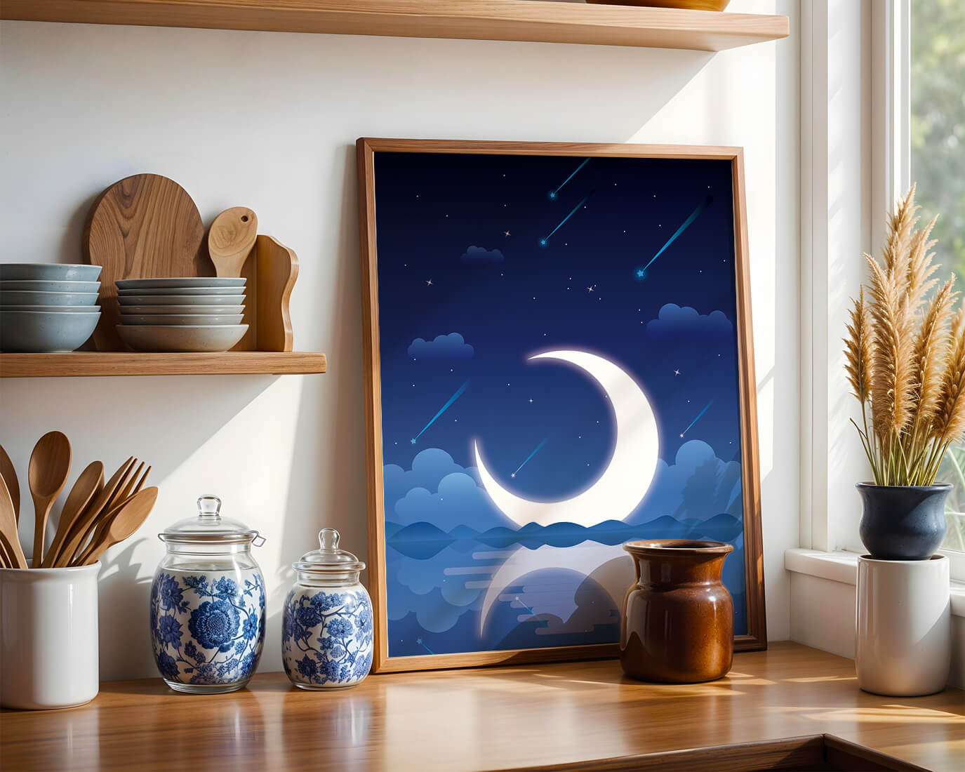 Serene night sky with crescent moon reflecting on water