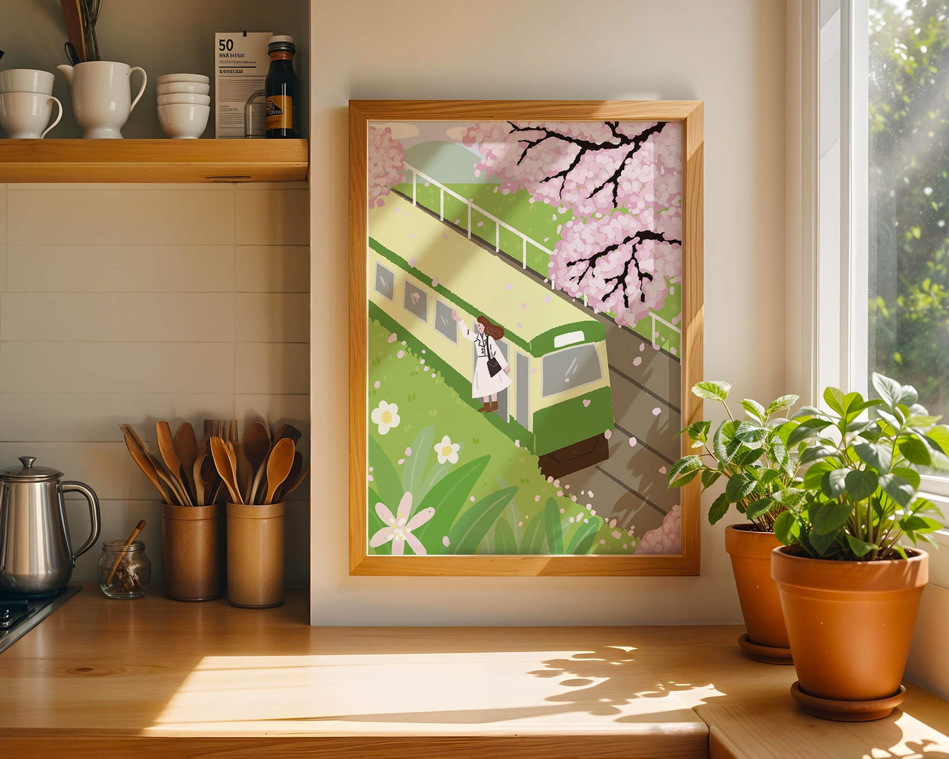 Cherry Blossoms and Train Scene in Spring Landscape