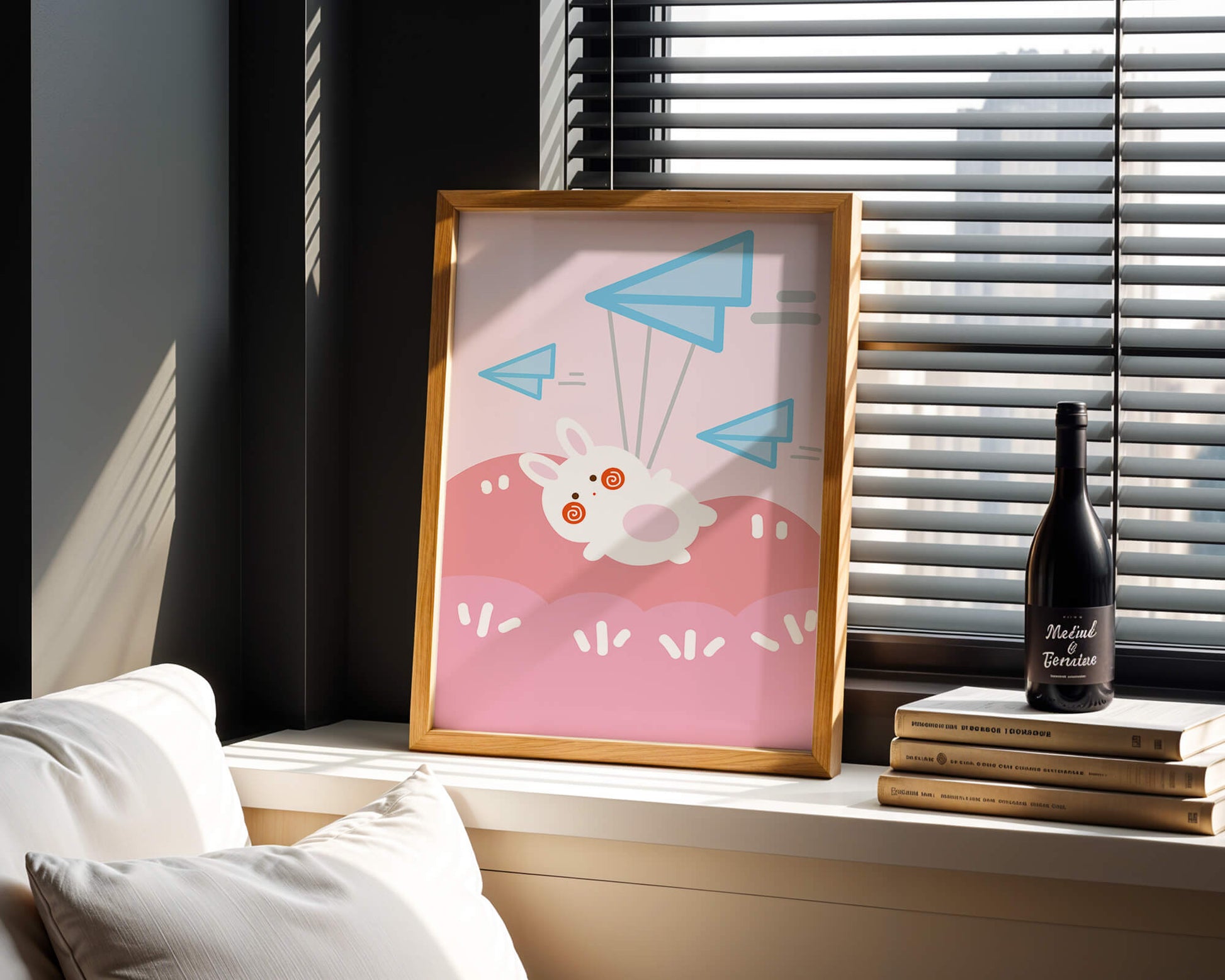 Adorable cartoon bunny flying with paper planes on a pink background