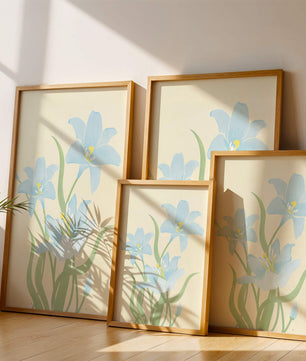 Ilustración elegante de flores azul claro con tallos verdes