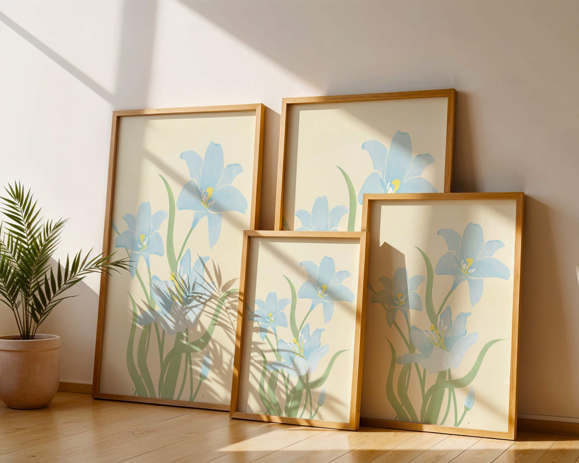 Ilustración elegante de flores azul claro con tallos verdes