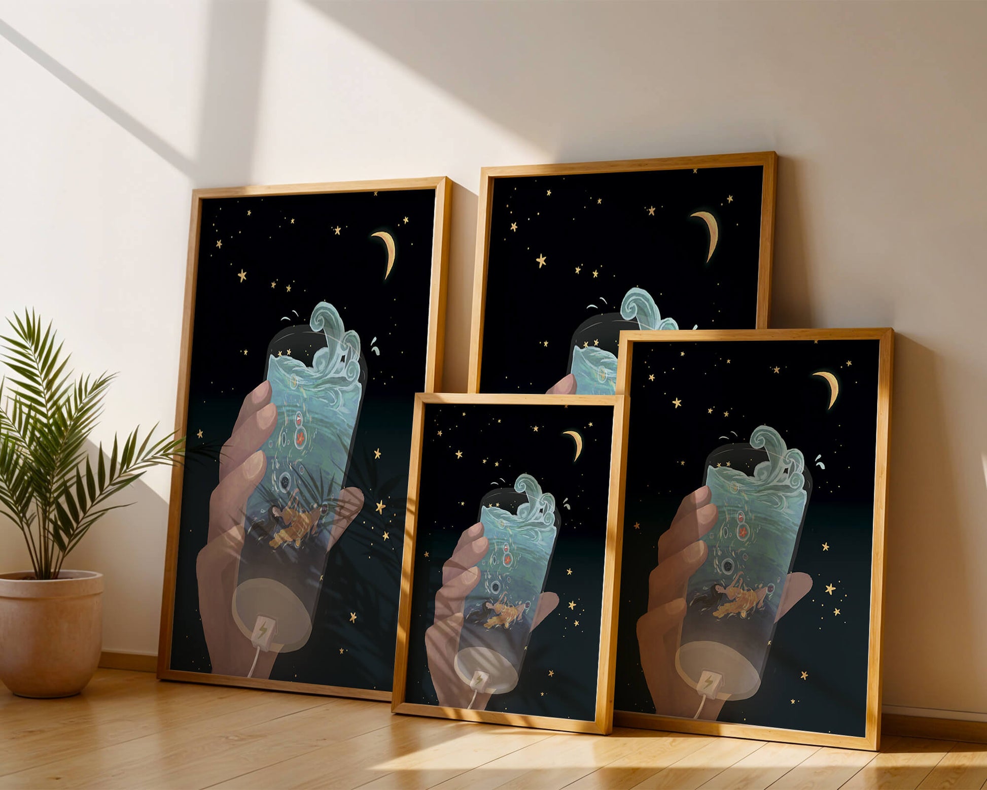Abstract night sky scene with hand holding a glass of swirling water