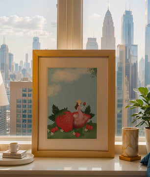 Ilustración encantadora de una niña en un campo de fresas