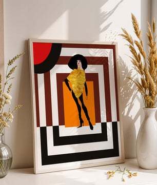 Ilustración de moda con figura en dorado y fondo geométrico