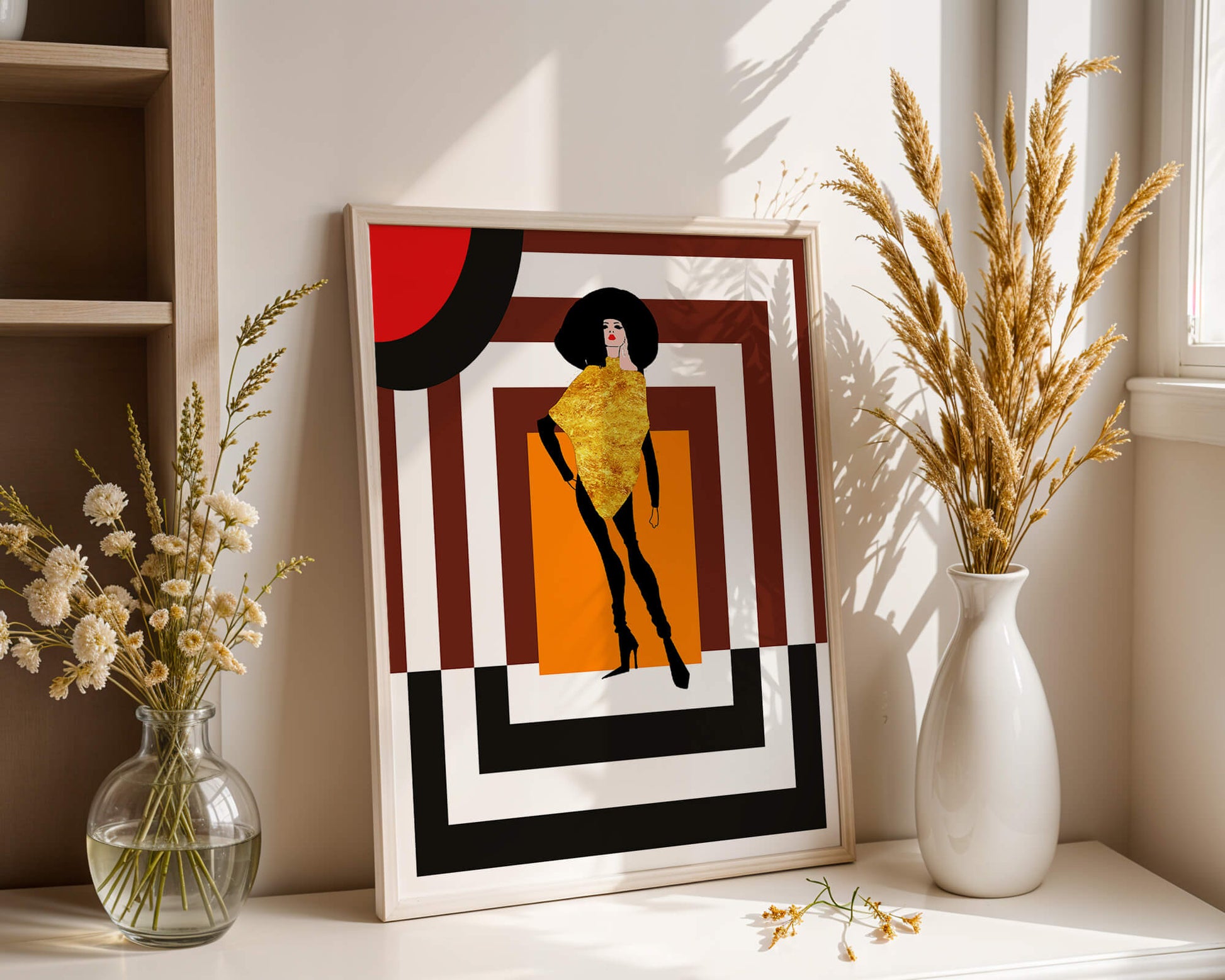 Fashion Illustration with Figure in Gold and Geometric Background