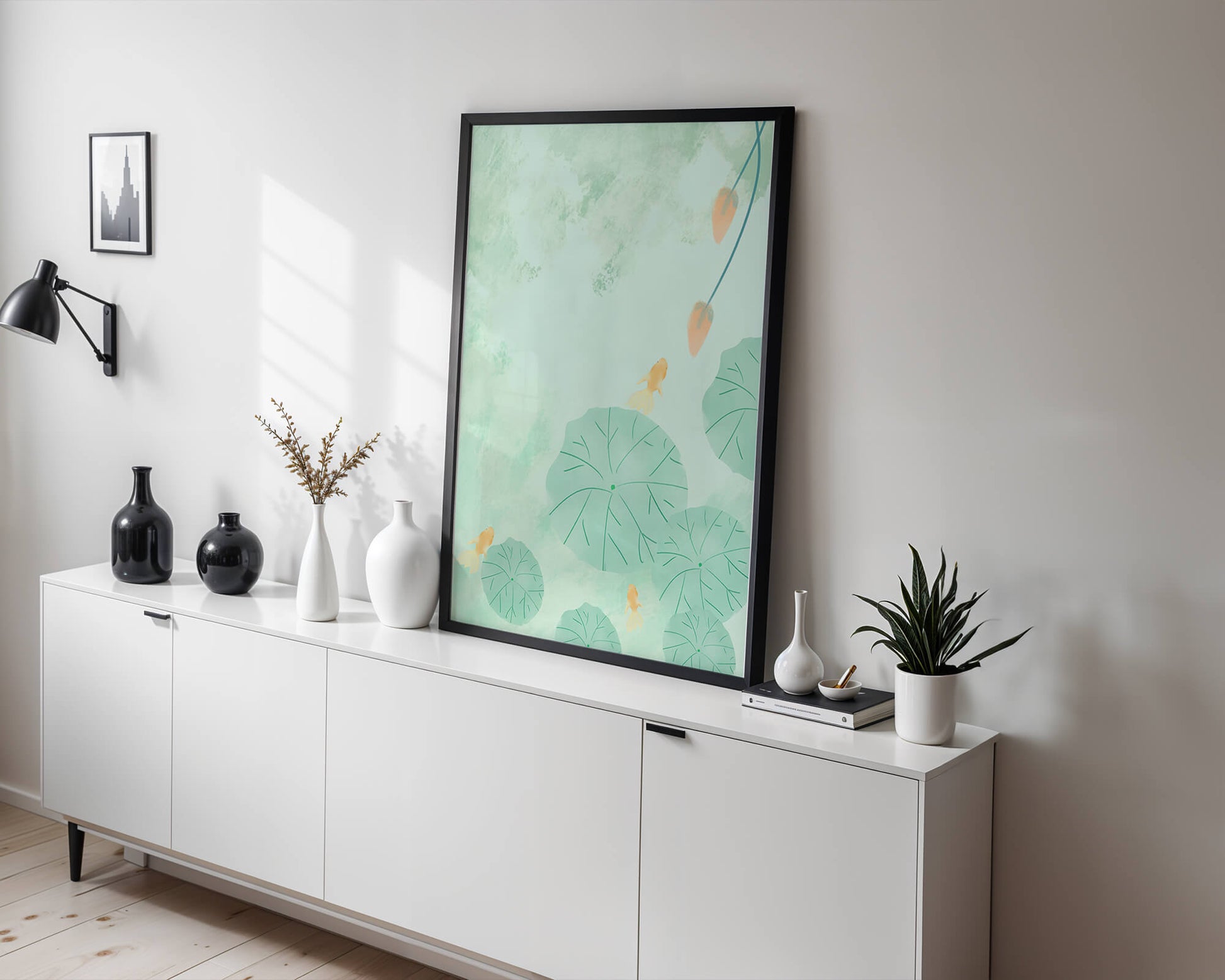 Serene Pond Scene with Goldfish and Lotus Leaves