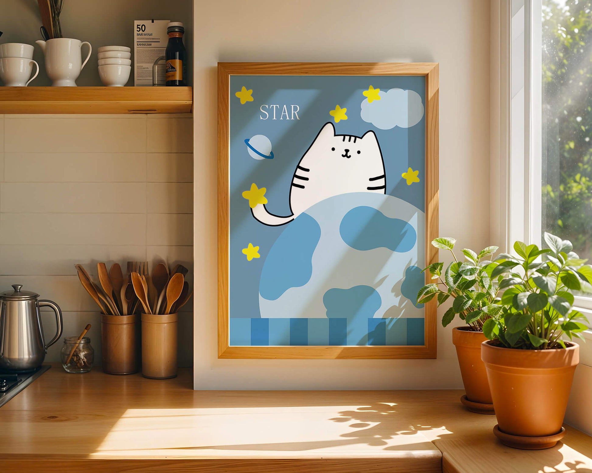 Illustration of a cute cat in space with stars and planets