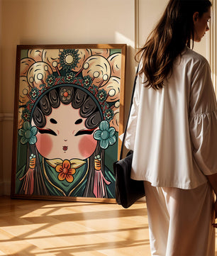 Ilustración encantadora de una muñeca china tradicional con tocado floral