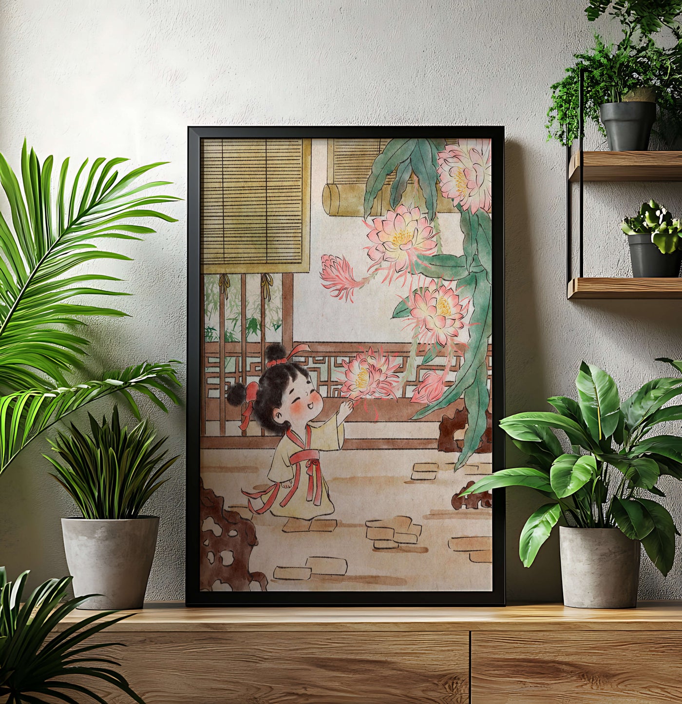 Little girl with flowers in traditional Asian garden