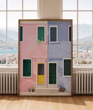 Casas pastel encantadoras con puertas y ventanas coloridas