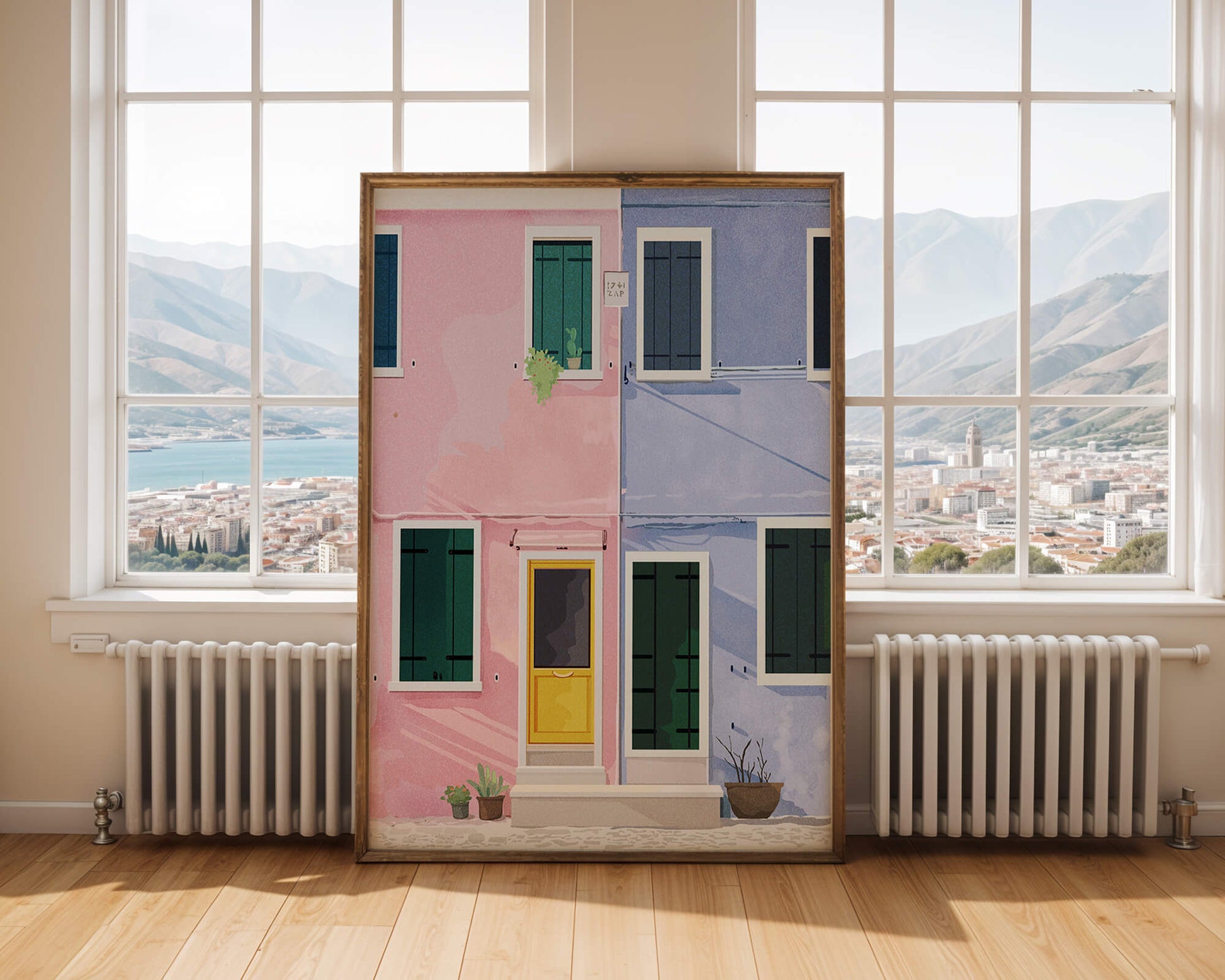 Charming pastel houses with colorful doors and windows