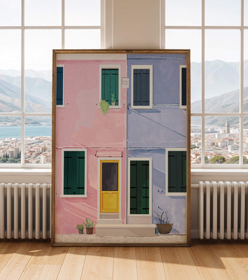 Charming pastel houses with colorful doors and windows