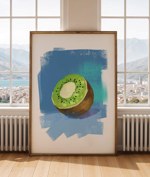 Illustration of a kiwi with a textured blue background