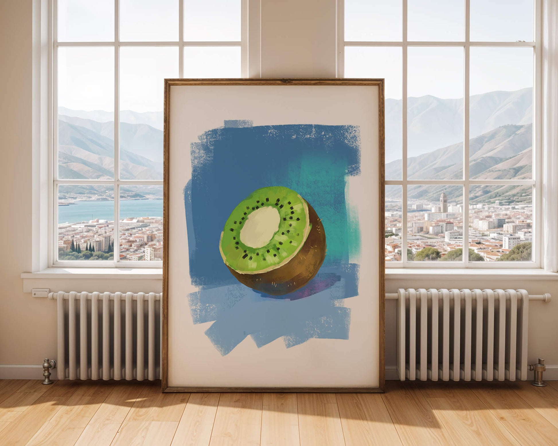Illustration of a kiwi with a textured blue background