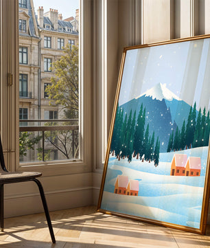 Winter Mountain Landscape with Snowy Cabins and Forest - Mi tienda