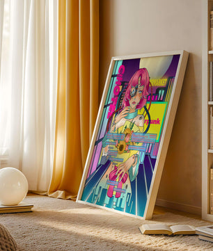 Mujer ciberpunk futurista con un ramo de flores en un paisaje urbano de neón