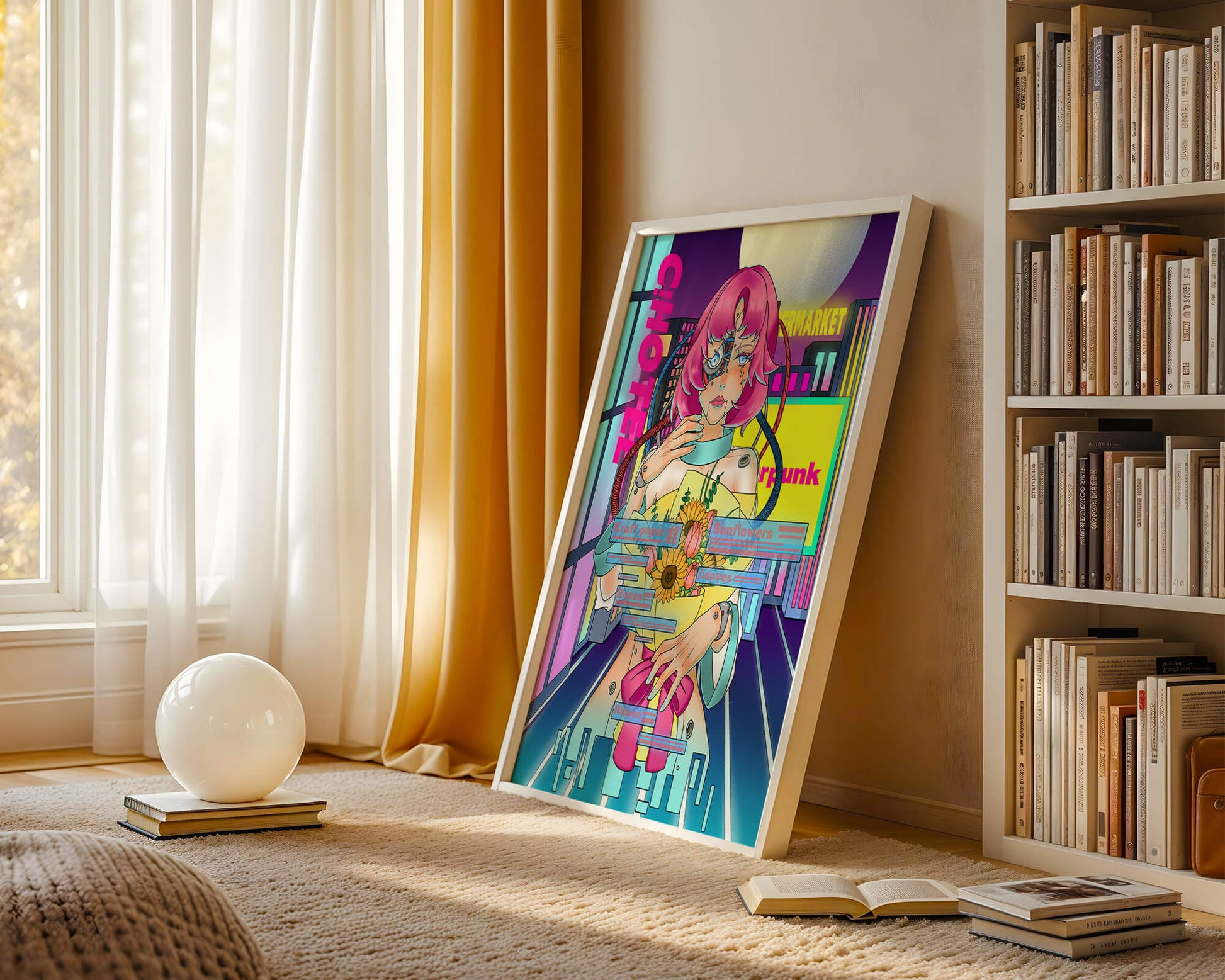 Futuristic cyberpunk woman with a bouquet of flowers in a neon cityscape