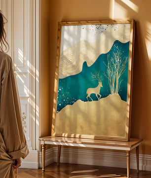 Elegante abstrakte Kunst mit goldenem Hirsch und Naturthema