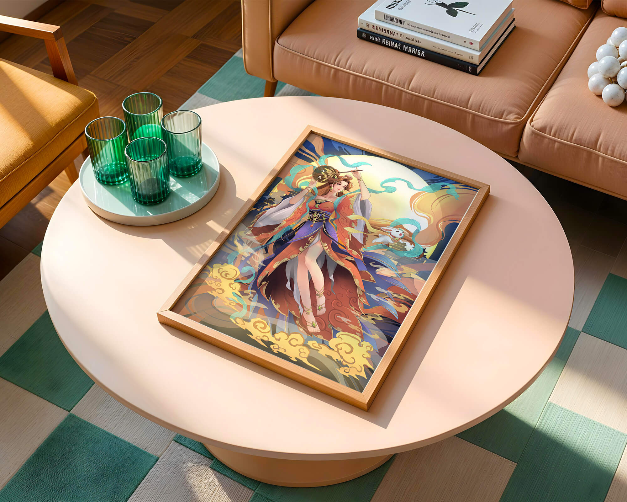 Elegant goddess with flowing robes against a mystical backdrop