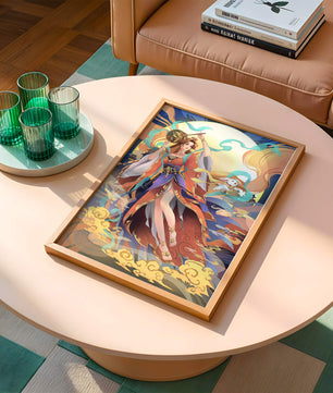 Elegant goddess with flowing robes against a mystical backdrop