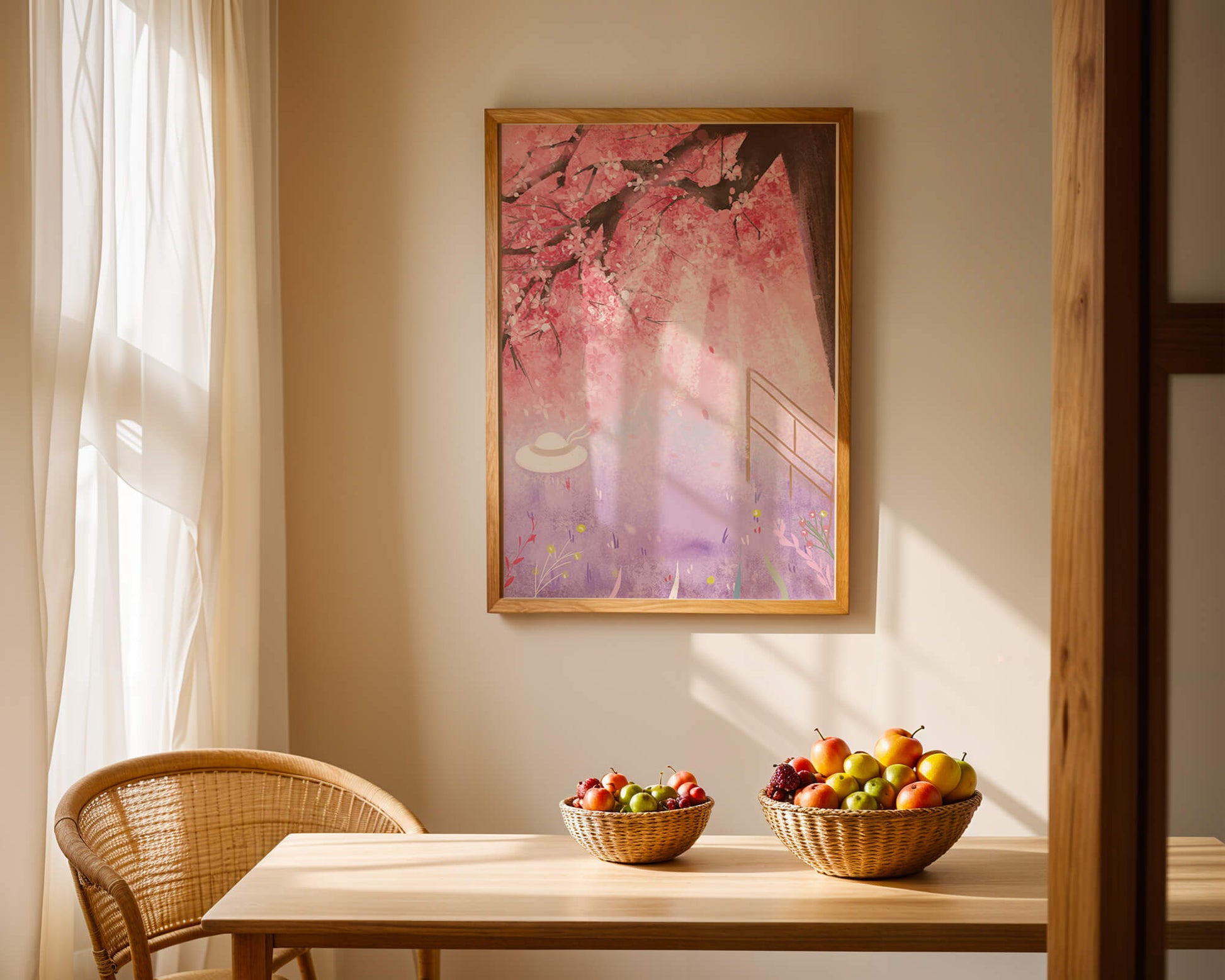 Cherry Blossom Garden with Spring Flowers and Sunlight