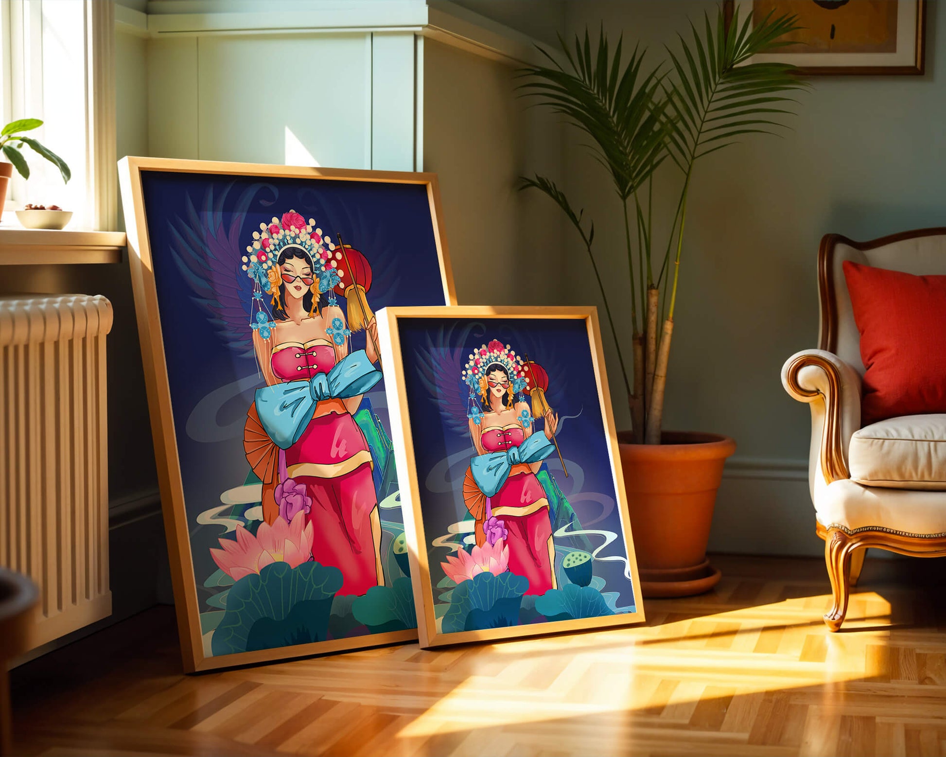 Colorful illustration of a woman in traditional attire with floral headdress