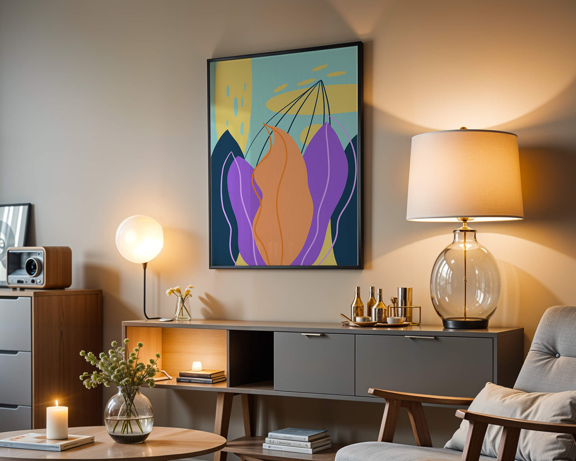 Abstract floral illustration with vibrant colors and geometric shapes