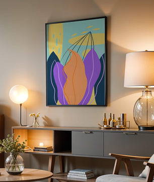 Abstract floral illustration with vibrant colors and geometric shapes