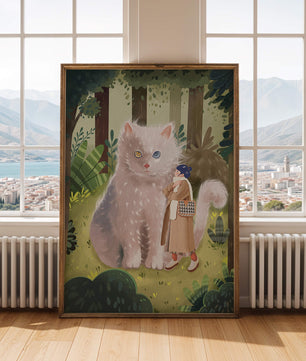 Verzauberter Wald mit einer riesigen Katze und einer Frau