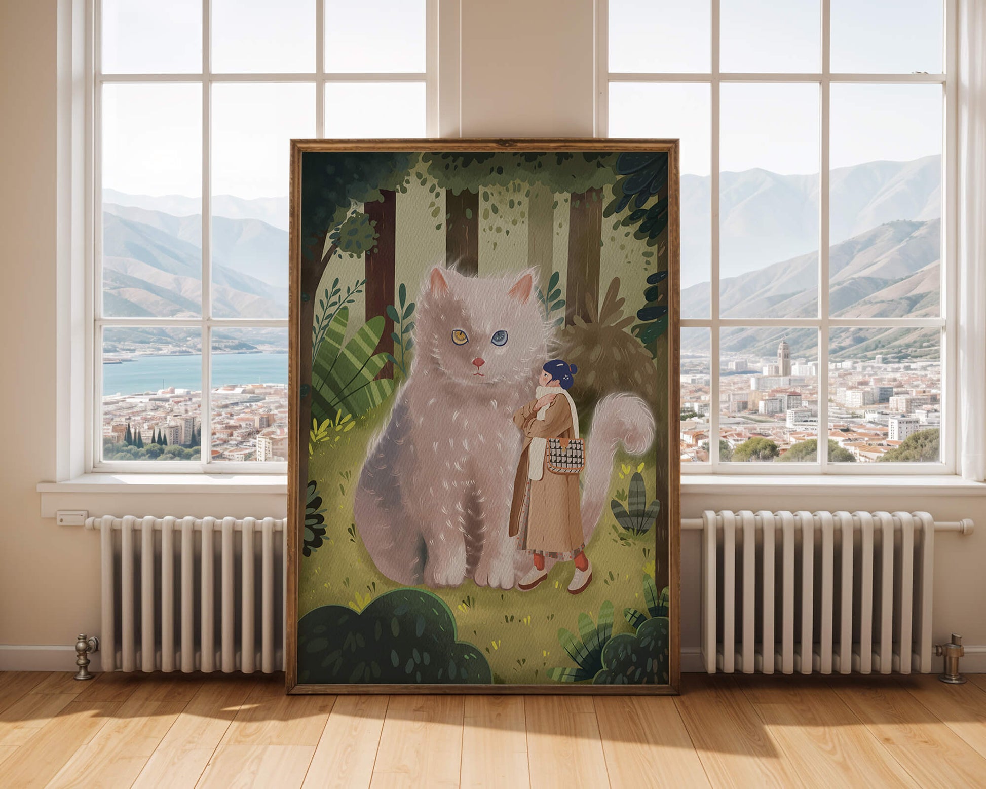 Verzauberter Wald mit einer riesigen Katze und einer Frau