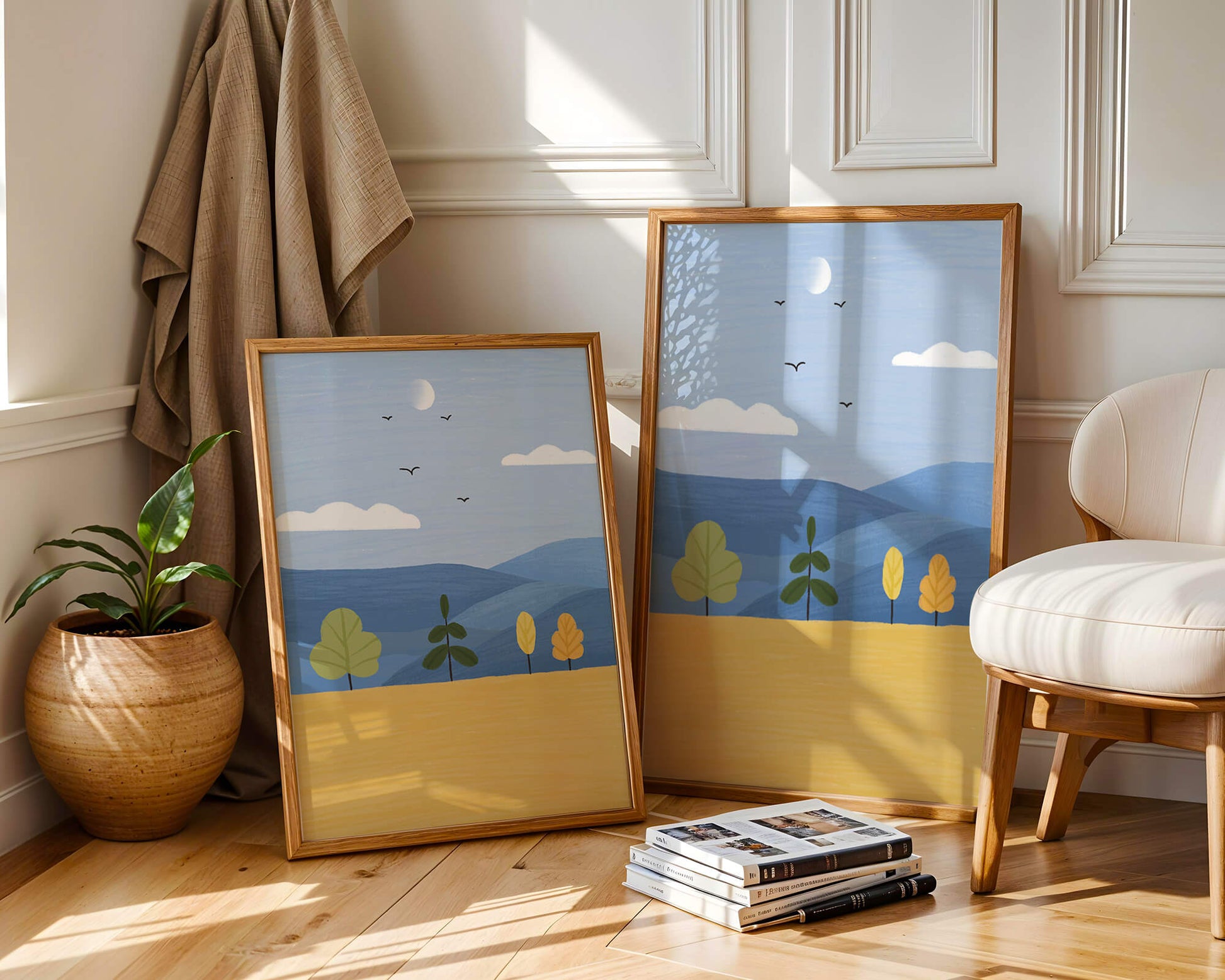 Paisaje colorido con árboles y aves en un campo sereno