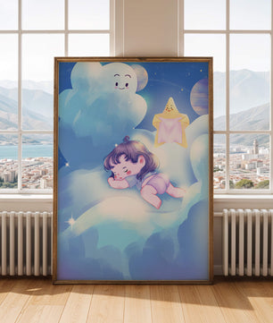 Dreamy illustration of sleeping child on clouds with smiling cloud and star
