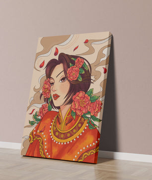 Elegantes Porträt einer Frau in traditioneller Kleidung mit floralem Haarschmuck