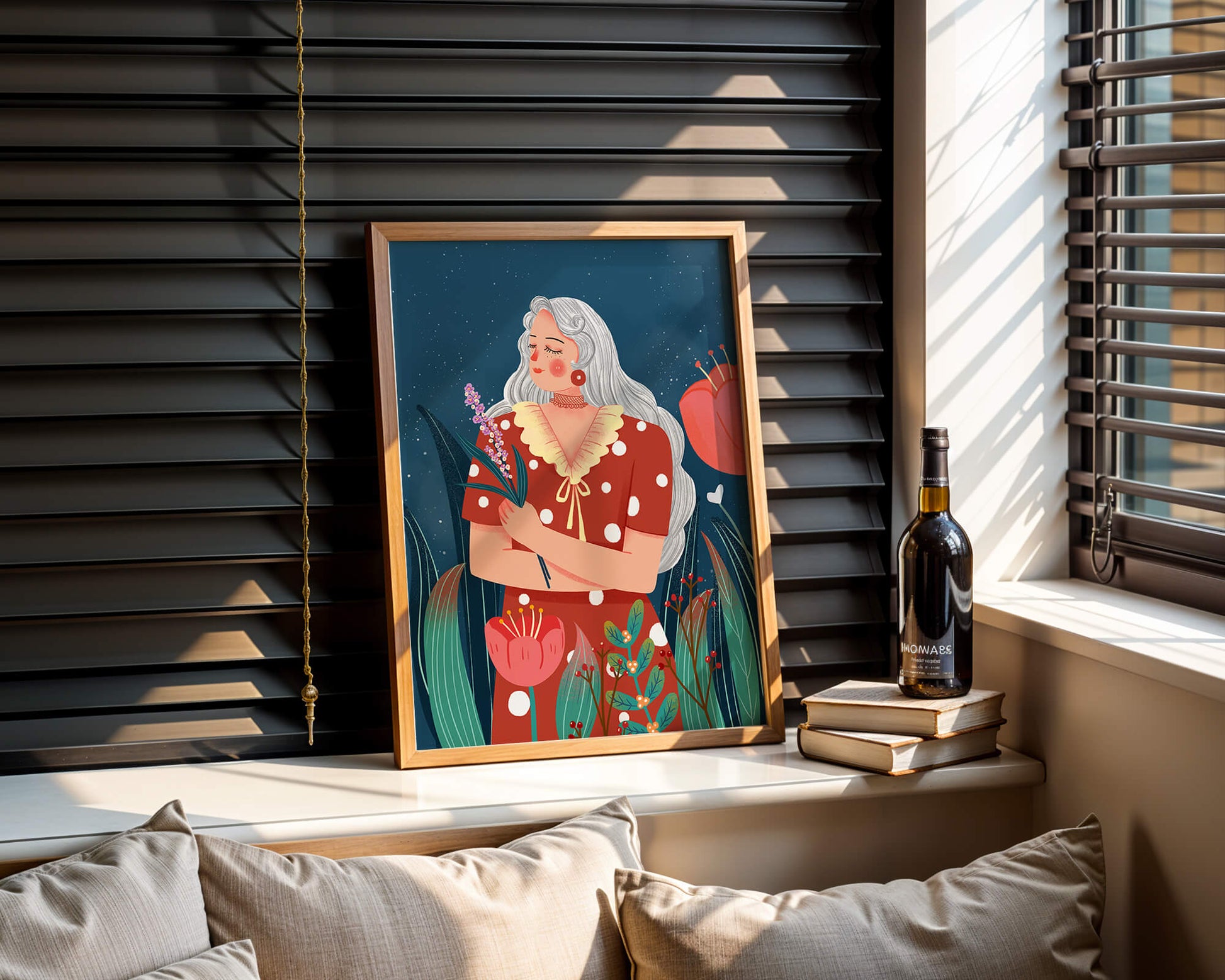 Serene illustration of a woman with flowers under a starry night sky