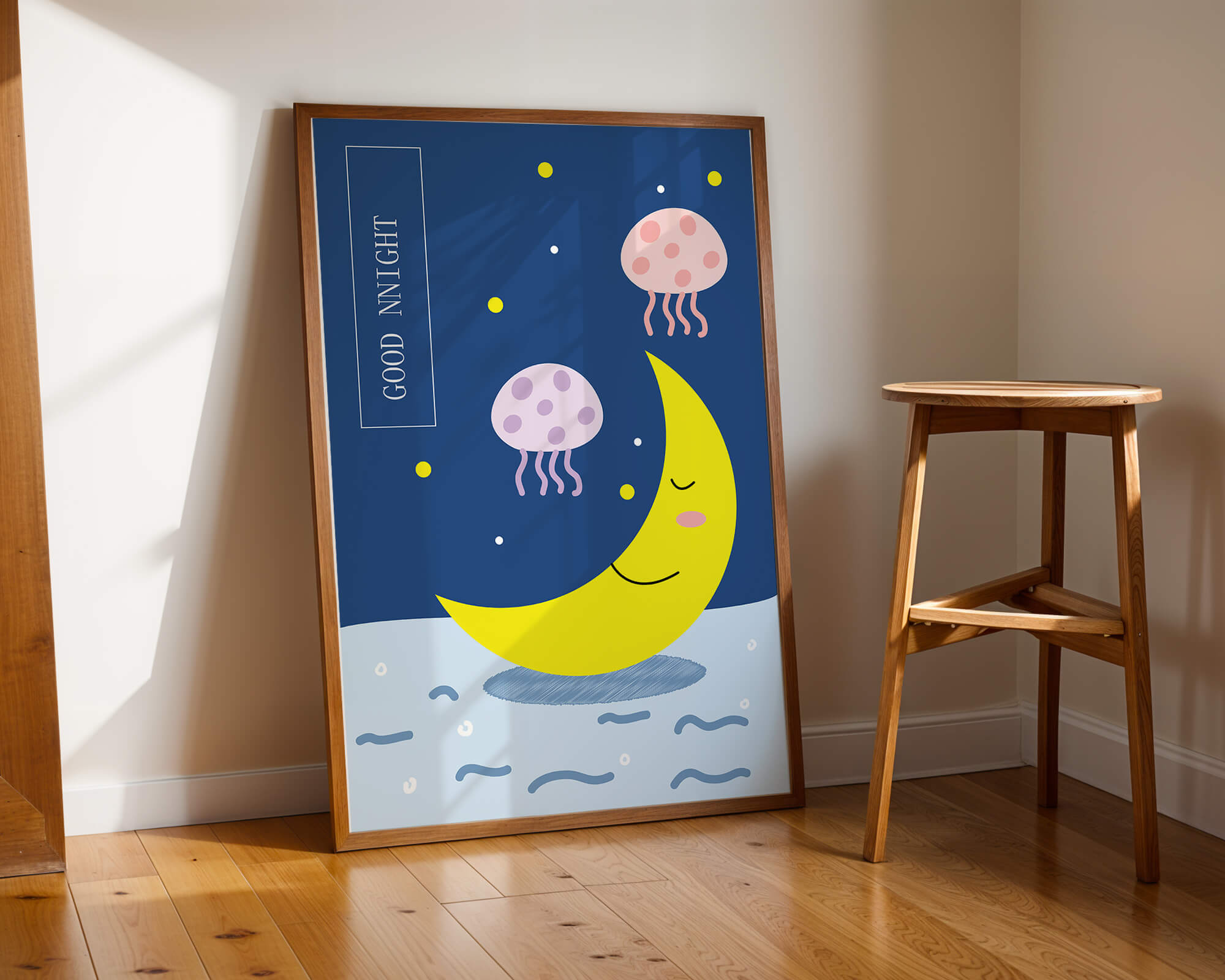Whimsical night scene with a smiling moon and playful jellyfish