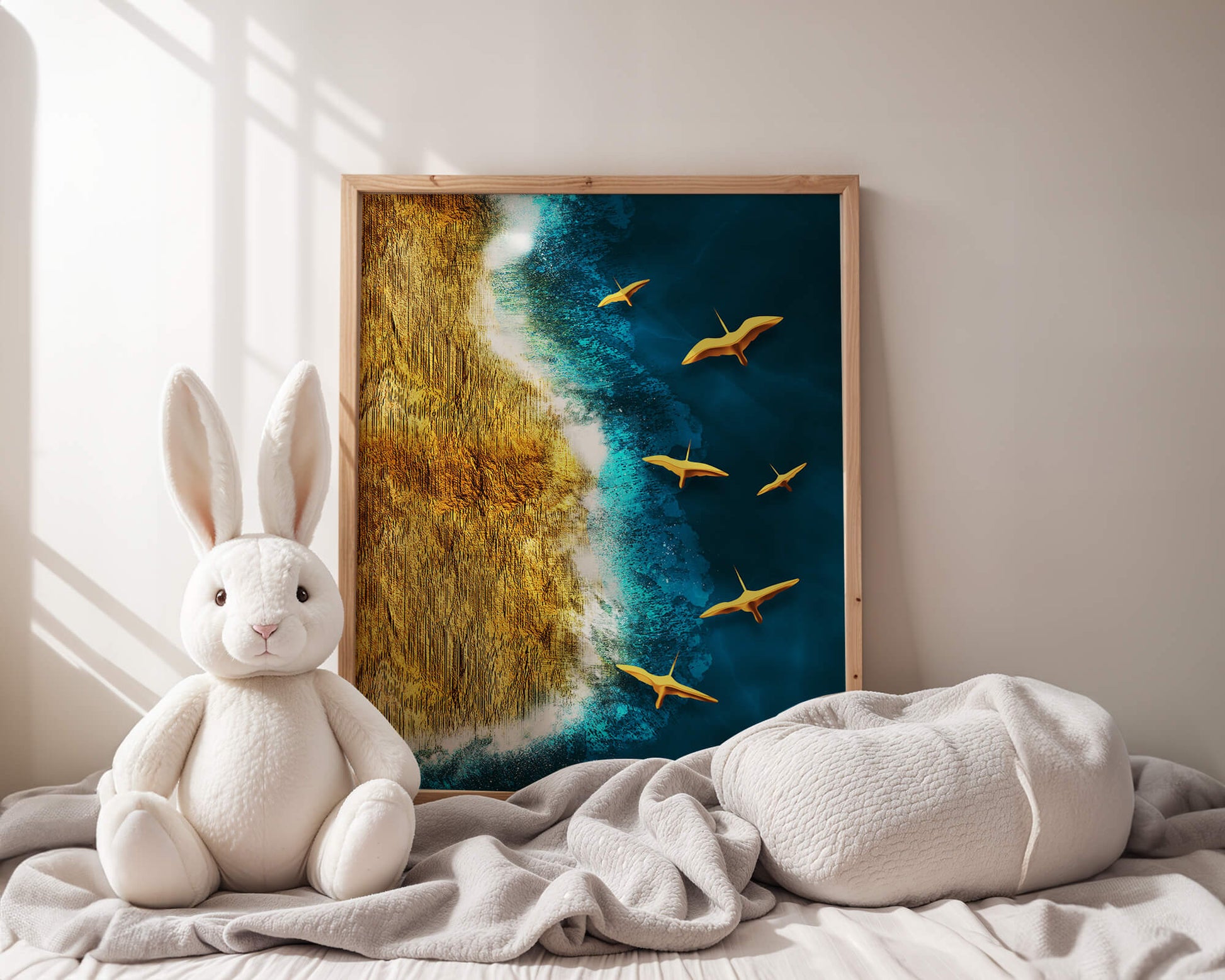 Golden beach landscape with vibrant ocean and flying seabirds