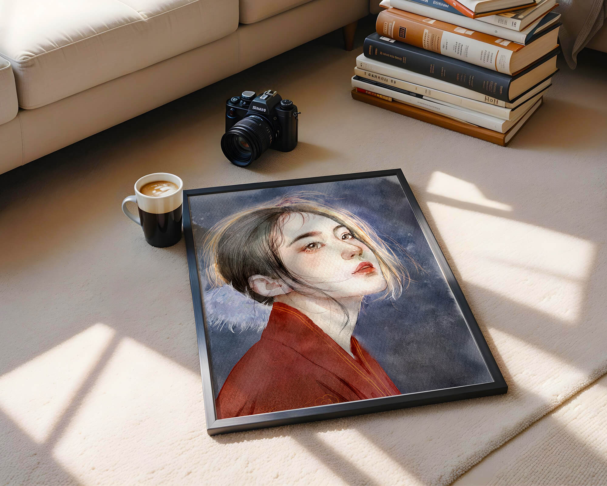 Watercolor portrait of a woman in a red garment with expressive features