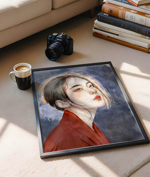 Watercolor portrait of a woman in a red garment with expressive features